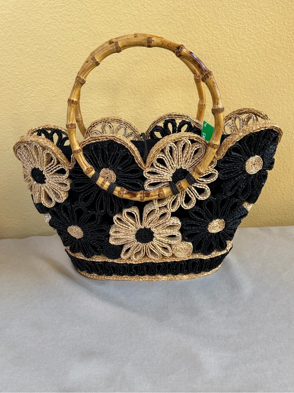 NWT!  Vintage United Colors of Benetton Floral Woven Straw Bag Bamboo Handles - Picture 6 of 13